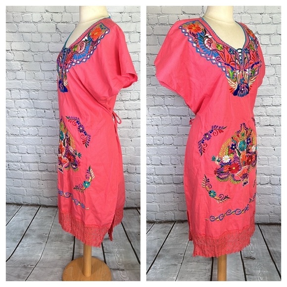 Mexican Embroidered Coral Floral Caftan Shift Oaxacan Peasant Boho Dress XL NWOT - Picture 11 of 16